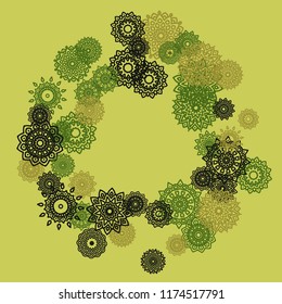 Outline Simple Mandalas. Ethnic Pattern for Card, Banner, Poster. Aztec or Mexican Medallions on Black Background. Cute Tribal Motif in Bright Colors