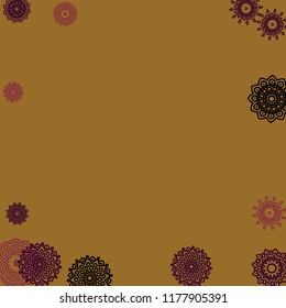 Outline Simple Mandalas. Ethnic Pattern for Card, Banner, Poster. Aztec or Mexican Medallions on Black Background. Cute Tribal Motif in Bright Colors