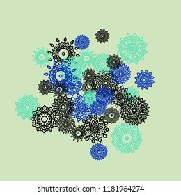 Outline Simple Mandalas. Ethnic Pattern for Card, Banner, Poster. Aztec or Mexican Medallions on Black Background. Cute Tribal Motif in Bright Colors