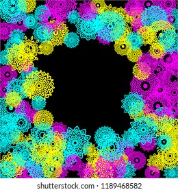 Outline Simple Mandalas. Ethnic Pattern for Card, Banner, Poster. Aztec or Mexican Medallions on Black Background. Cute Tribal Motif in Bright Colors