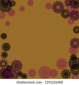 Outline Simple Mandalas. Ethnic Pattern for Card, Banner, Poster. Aztec or Mexican Medallions on Black Background. Cute Tribal Motif in Bright Colors