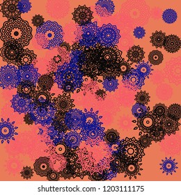 Outline Simple Mandalas. Ethnic Pattern for Card, Banner, Poster. Aztec or Mexican Medallions on Black Background. Cute Tribal Motif in Bright Colors