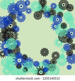 Outline Simple Mandalas. Ethnic Pattern for Card, Banner, Poster. Aztec or Mexican Medallions on Black Background. Cute Tribal Motif in Bright Colors