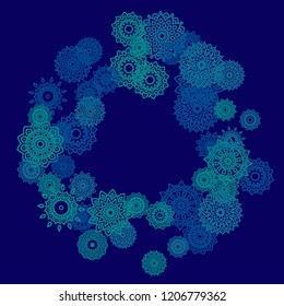 Outline Simple Mandalas. Ethnic Pattern for Card, Banner, Poster. Aztec or Mexican Medallions on Black Background. Cute Tribal Motif in Bright Colors