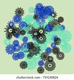 Outline Simple Mandalas. Ethnic Pattern for Card, Banner, Poster. Aztec or Mexican Medallions on Black Background. Cute Tribal Motif in Bright Colors