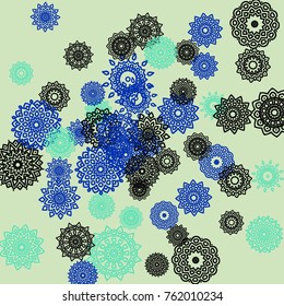 Outline Simple Mandalas. Ethnic Pattern for Card, Banner, Poster. Aztec or Mexican Medallions on Black Background. Cute Tribal Motif in Bright Colors