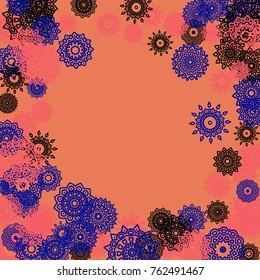 Outline Simple Mandalas. Ethnic Pattern for Card, Banner, Poster. Aztec or Mexican Medallions on Black Background. Cute Tribal Motif in Bright Colors