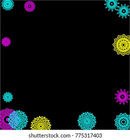 Outline Simple Mandalas. Ethnic Pattern for Card, Banner, Poster. Aztec or Mexican Medallions on Black Background. Cute Tribal Motif in Bright Colors