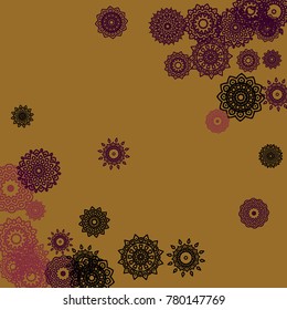 Outline Simple Mandalas. Ethnic Pattern for Card, Banner, Poster. Aztec or Mexican Medallions on Black Background. Cute Tribal Motif in Bright Colors