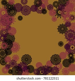 Outline Simple Mandalas. Ethnic Pattern for Card, Banner, Poster. Aztec or Mexican Medallions on Black Background. Cute Tribal Motif in Bright Colors