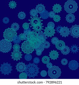 Outline Simple Mandalas. Ethnic Pattern for Card, Banner, Poster. Aztec or Mexican Medallions on Black Background. Cute Tribal Motif in Bright Colors