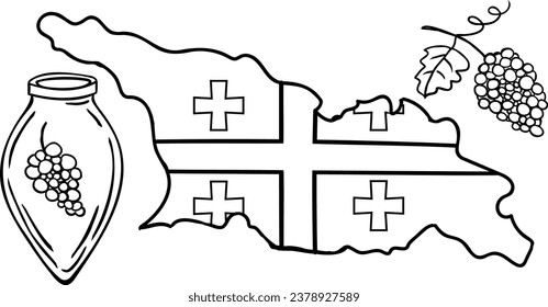 Outline Simple Map of Georgia, Kvevri and grape on a white background. Vector illustration. Vessel for storage and maturation of wine. Traditional Georgian wine making.