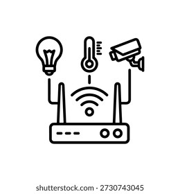 Outline Simple Smart Home Automation Router Icon with Devices Set