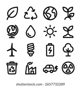 Outline Simple Style Ecology and Environment Icon Set on White