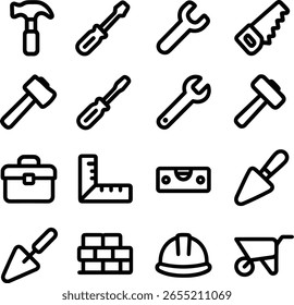 Contorno Simples Ferramenta e Equipamento Ícone de Construção Conjunto para Reparo