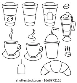 Outline simple vector set of drinks - coffee, tea, latte, espresso, cappuccino, cocktail, coffee bean, tea bag, and croissant.