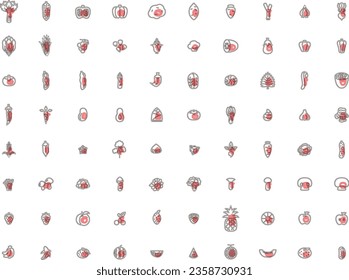 Outline simple vegetable and fruit and mushroom illustration icon set red