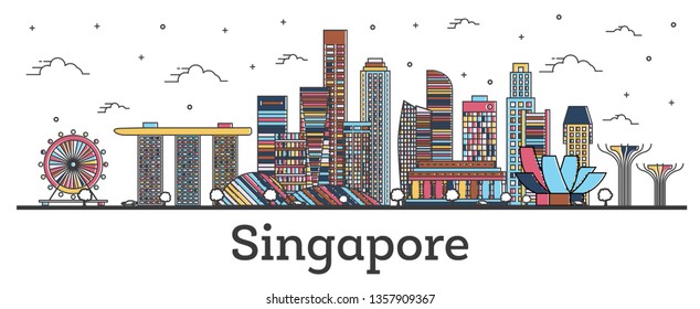 Outline Singapore City Skyline with Color Buildings Isolated on White. Vector Illustration. Singapore Cityscape with Landmarks. 