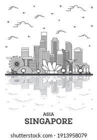 Outline Singapore City Skyline with Modern Buildings and Reflections Isolated on White. Vector Illustration. Singapore Cityscape with Landmarks. 
