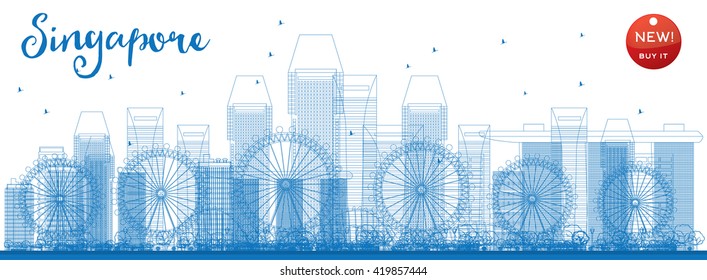 Outline Singapore skyline with blue landmarks. Business travel and tourism concept with modern buildings. Image for presentation, banner, placard and web site. Vector illustration