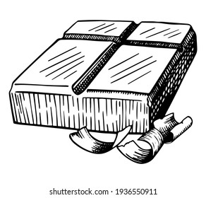 Esbozar un solo elemento de barra de chocolate y afeitaciones. Ilustración vectorial dibujada a mano. Clipart de estilo grabado aislado en blanco. Dibujo de boceto negro para la tienda de dulces, decoración de menú, diseño, pegatina, envoltura.