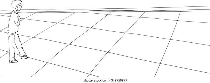 Outline of single person looking over checkered floor