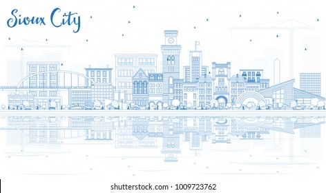 Esbozar el horizonte de Sioux City Iowa con edificios y reflexiones azules. Ilustración vectorial. Ilustración de viajes de negocios y turismo con arquitectura histórica.