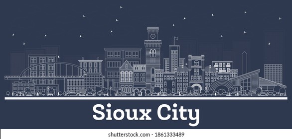 Esbozar el horizonte de Iowa, ciudad sioux, con edificios blancos. Ilustración vectorial. Concepto de viajes de negocios y turismo con arquitectura histórica. Sioux City Cityscape con monumentos.