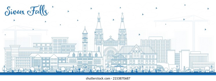 Outline Sioux Falls South Dakota City Skyline with Blue Buildings. Vector Illustration. Sioux Falls USA Cityscape with Landmarks. Business Travel and Tourism Concept with Modern Architecture.