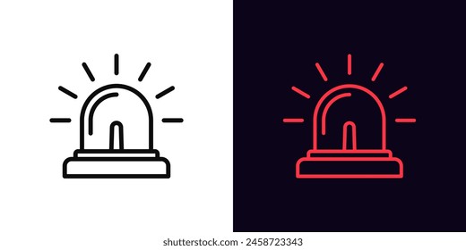 Outline siren lamp icon, with editable stroke. Emergency beacon with light rays. Police or ambulance flasher, alarm signal, emergency lamp, alert flash light, urgent warning and caution. Vector icon