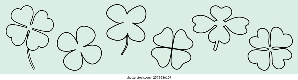 Outline of six four-leaf clovers on a light background. Each clover is distinct. The clovers symbolize luck and are a classic lucky charm. Nature illustrations, vector set.