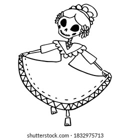 Outline skeleton woman on white isolated backdrop. Day of the dead symbol for invitation or gift card, notebook, bath tile, scrapbook Phone case or cloth print Doodle style stock vector illustration