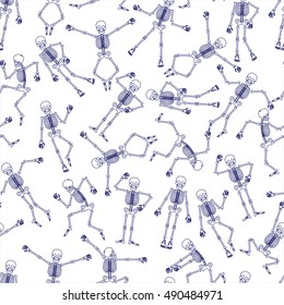 Outline skeletons seamless pattern vector. Ball pen sketch imitation