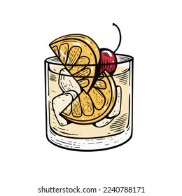 Outline sketch art cocktail with lemon slice and cherry bar vector illustration.