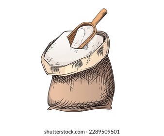 Outline sketch of bag of flour with shovel vector illustration on white background