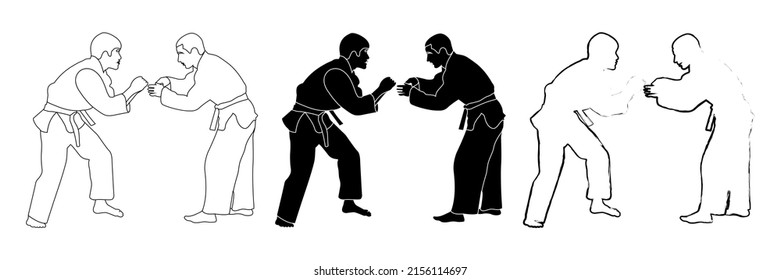 Outline Sketch Of A Black And White Silhouette Of A Judoka Athlete In A Duel, Fight. Judo. Martial Arts.