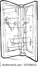 Outline sketch of blurry people moving through revolving door