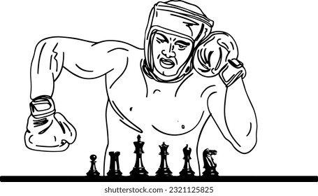 Outline Sketch of Boxer in Chess Boxing, Intelligence and Strength, Sketch Drawing of Chess Boxing, Boxer Engaged in Chess Boxing, Outline Illustration