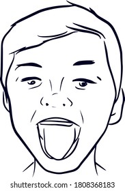 Outline Sketch Of Boy With Open Mouth And Tongue. Funny Kids Concept. Vector Illustration