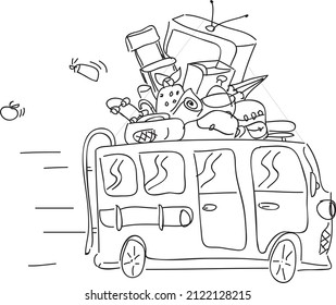 Outline sketch of a bus with a bunch of stuff on top.  Moving or road trip