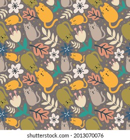 boceto esquemático de animales de gato y hojas con iconos y elementos de diseño color