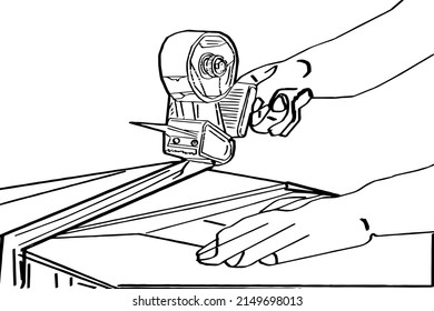 Outline Sketch Of Courier Man Tapping Up Box Using Tape Dispenser, Line Art Illustration Vector Silhouette Of Tape Dispenser Machine