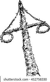 Outline sketch of decorated Swedish midsummer holiday Maypole with two wreaths