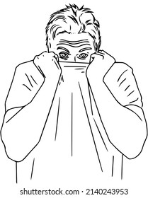 Outline sketch drawing of afraid man watching horror movie and full skirt in front of his face, line art illustration of afraid man