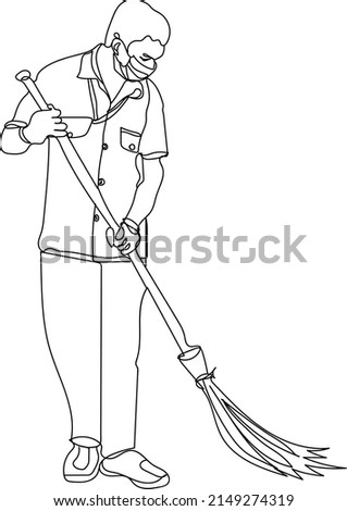 outline sketch drawing of cleaning workers wearing mask doing cleaning work, line art vector illustration silhouette of sweeper worker
