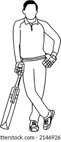 outline sketch drawing of cricket batsman standing with bat in hand, cricket vector silhouette.