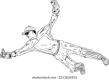 Outline sketch drawing of cricket wicket keeper catch, vector illustration of diving wicket keeper, cricket fielding catcher cartoon silhouette, cricket game clip art