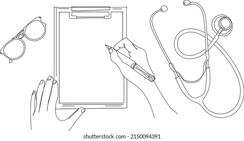Outline Sketch Drawing Of Doctor Handwriting Prescription And Stethoscope At Table, Line Art Illustration Vector Silhouette Of Medical Equipment