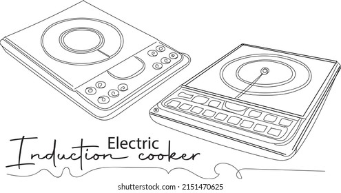 Outline sketch drawing of Electric Induction cooker, Hand Drawn electric stove doodle., Cooking and Kitchen equipment silhouette logo