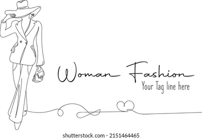 Outline Sketch Drawing Of Elegant Women Outfit, Line Art Fashion Vector Silhouette Logo And Banner